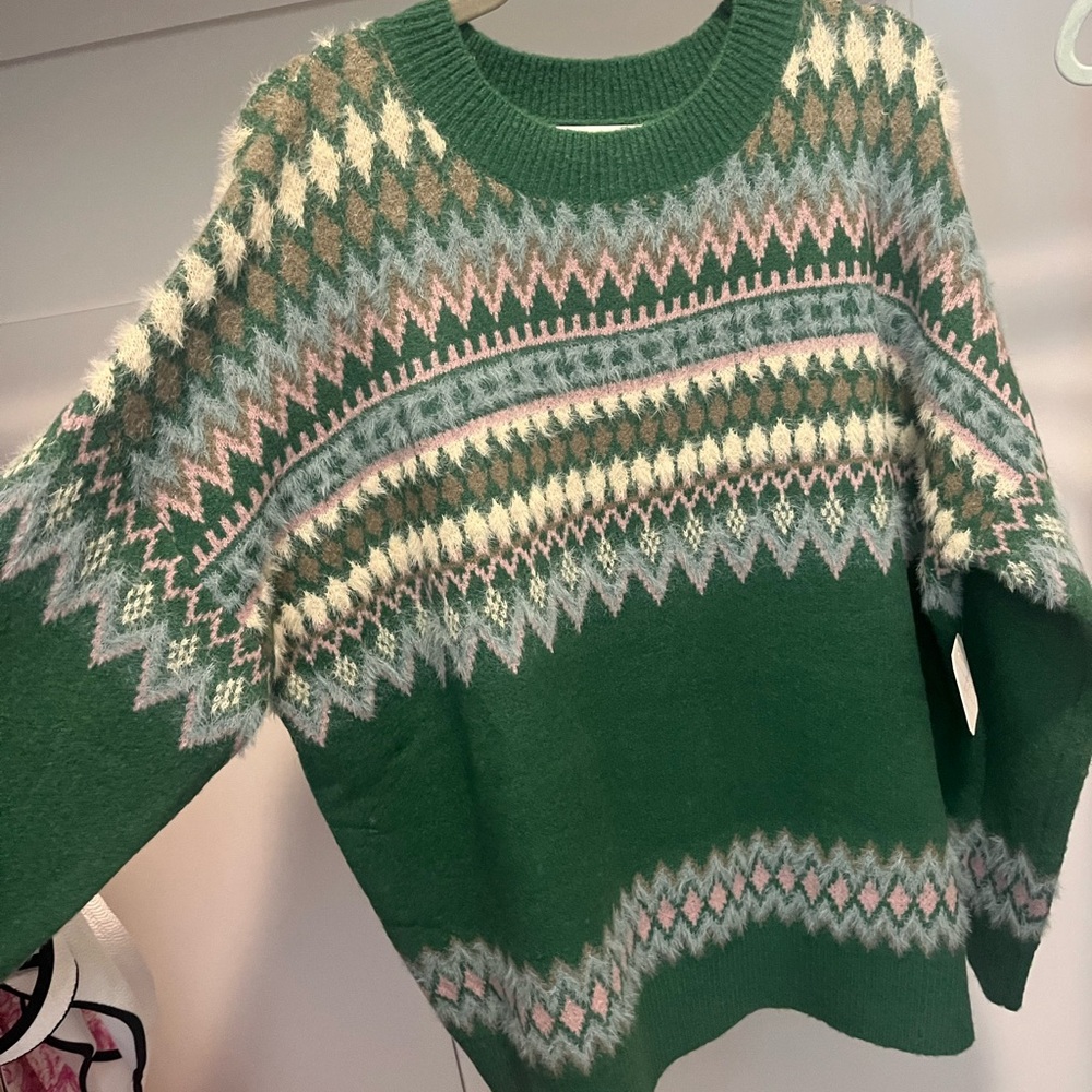 Altar'd State Green and Pink Crew Neck Sweater
